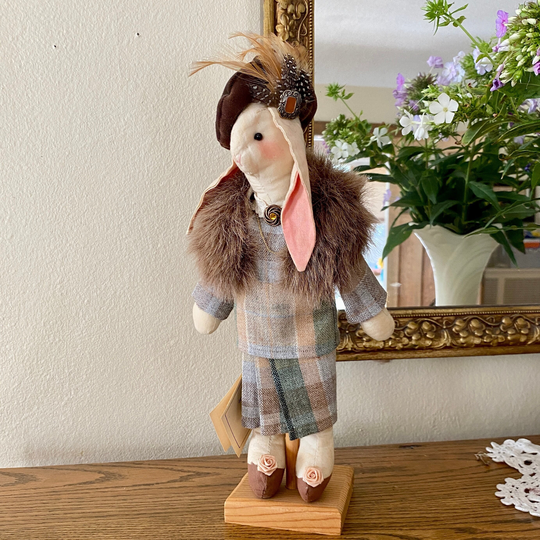Vintg Harelooms Feathers & Lace 13" Stuffed Rabbit By J Alexander Bunny Wearing Wool Suit, Feathered Hat, Lace Collar, Gold Necklace, Jewels