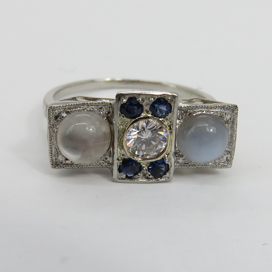 Art Deco Platinum Moonstone Diamond Sapphire Ring. Sz 6. W Box
