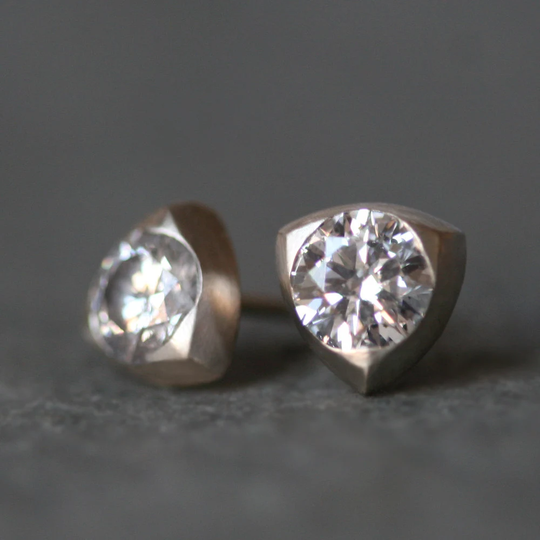 Triangle Solitaire Stud Earrings in 14K White Or Yellow Gold With Diamonds, 1 Ct Tcw