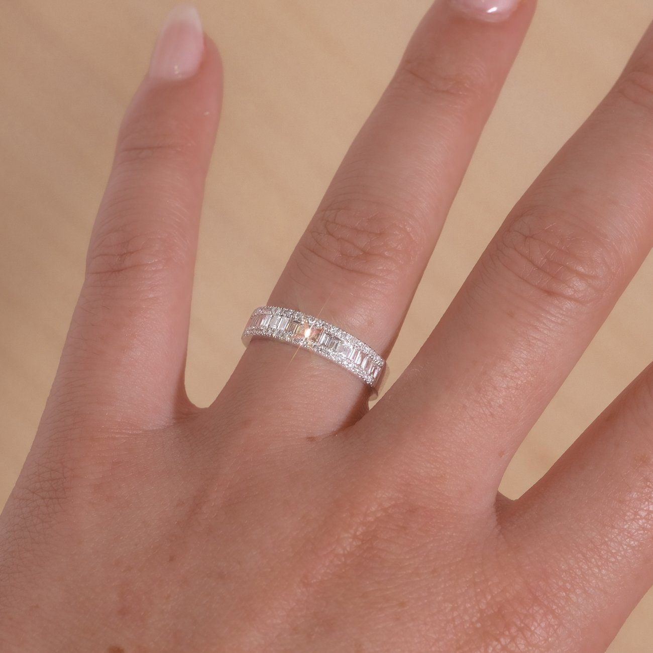 Baguette Diamond Band Moissanite Half Eternity With Round For Her, Wedding Band Her