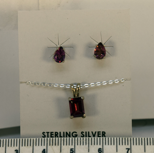 Matching Set Red Garnet 6mm Teardrop Cut Stud Earrings & 7 Emerald Pendant Each in A 4-Prong Sterling Silver Setting