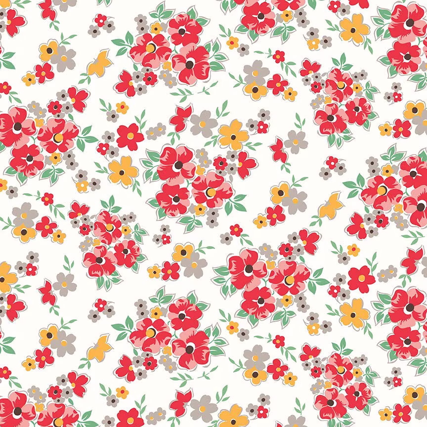 Lori Holt Cook Book Fabric By Riley Blake - White & Red Floral The 1/2 Yard Or Fat Quarter