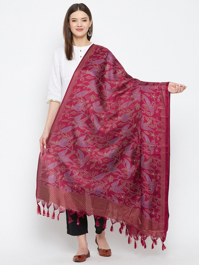 Women's Silk Blend Maroon Ethnic Motifs Printed Dupatta Free Shipping