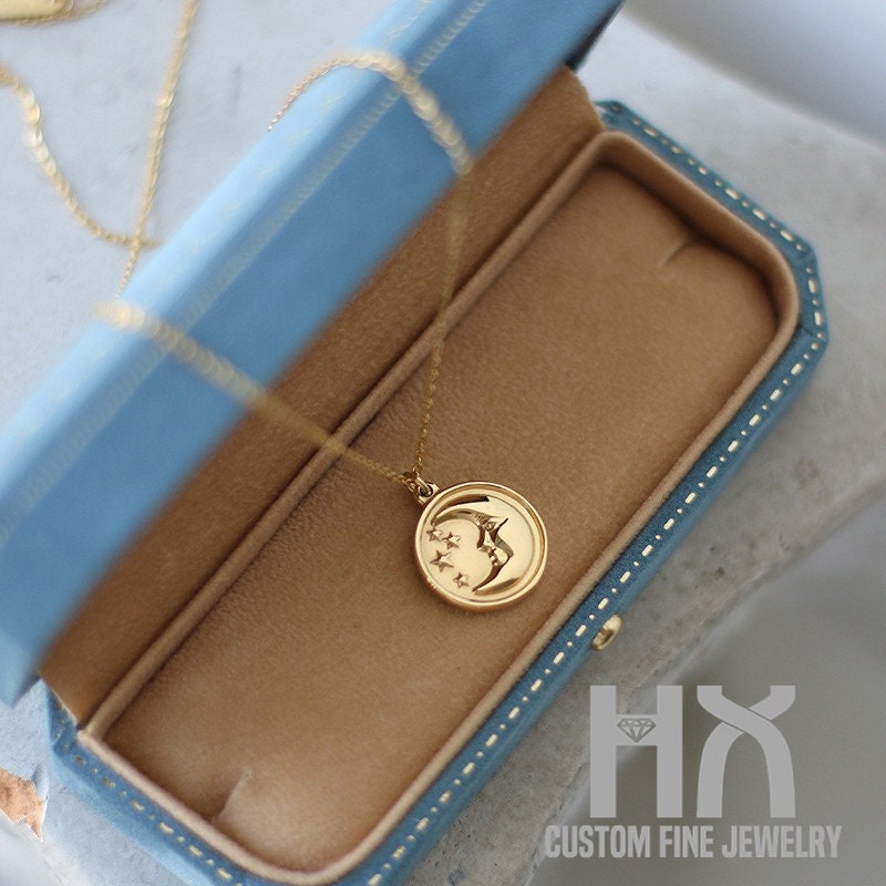 Solid 18K Gold Sleeping Moon & Stars Disk Pendant Necklace/Gift For Women Girls