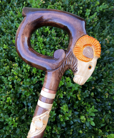Cane Walking Stick Canes Sticks Reed Staff Wood Wooden Hand-Carved Carving Handmade Accessories | Ram Round Orange