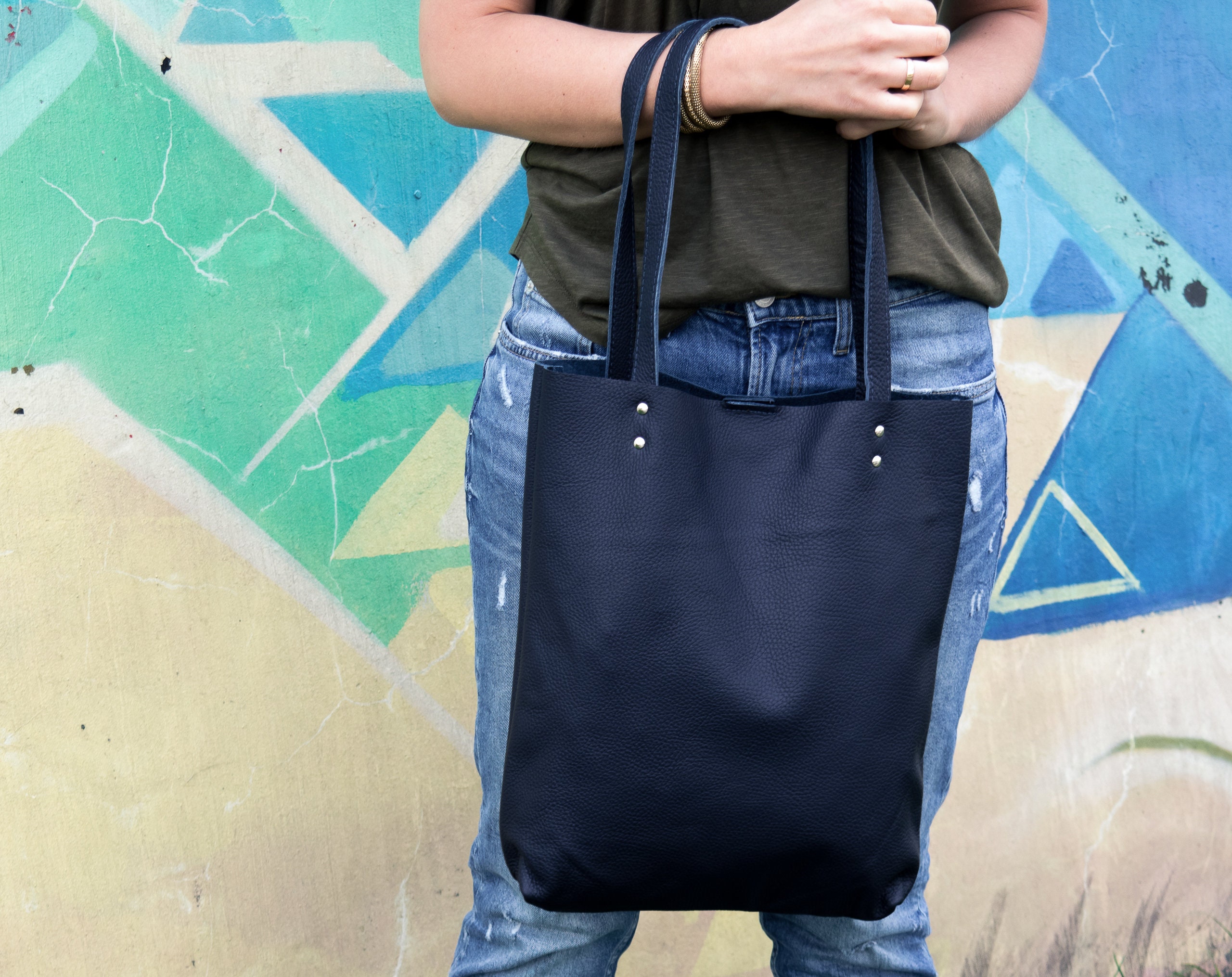 Leather Tote Bag - Navy Leather Purse Natural Book Womens Tote Bag Handbag Women Simple Qg