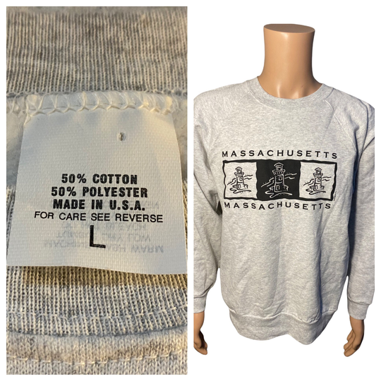 Vintage Massachusetts Sweatshirt // Made in USA Adult Size Large 50/50 Blend Tourist State Boston Mit Crewneck Lighthouses Vtg