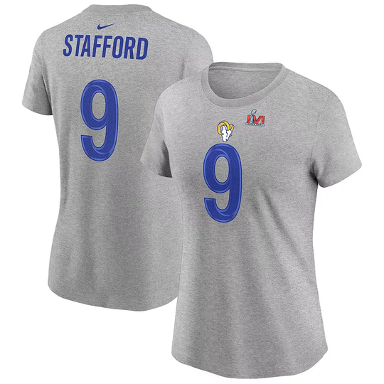 Women's Nike Matthew Stafford Heathered Gray Los Angeles Rams Super Bowl LVI Bound Name & Number T-Shirt, Size: Small, Grey