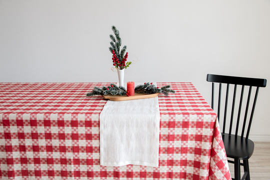 Red Linen Blend Tablecloth - Red, Beige & Off-White Christmas Table Décor