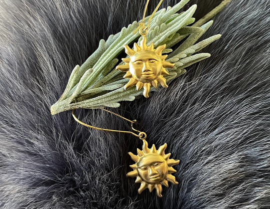 Small Gold Brass Sun Face Earrings, Handmade, Plated Kidney Ear Wires