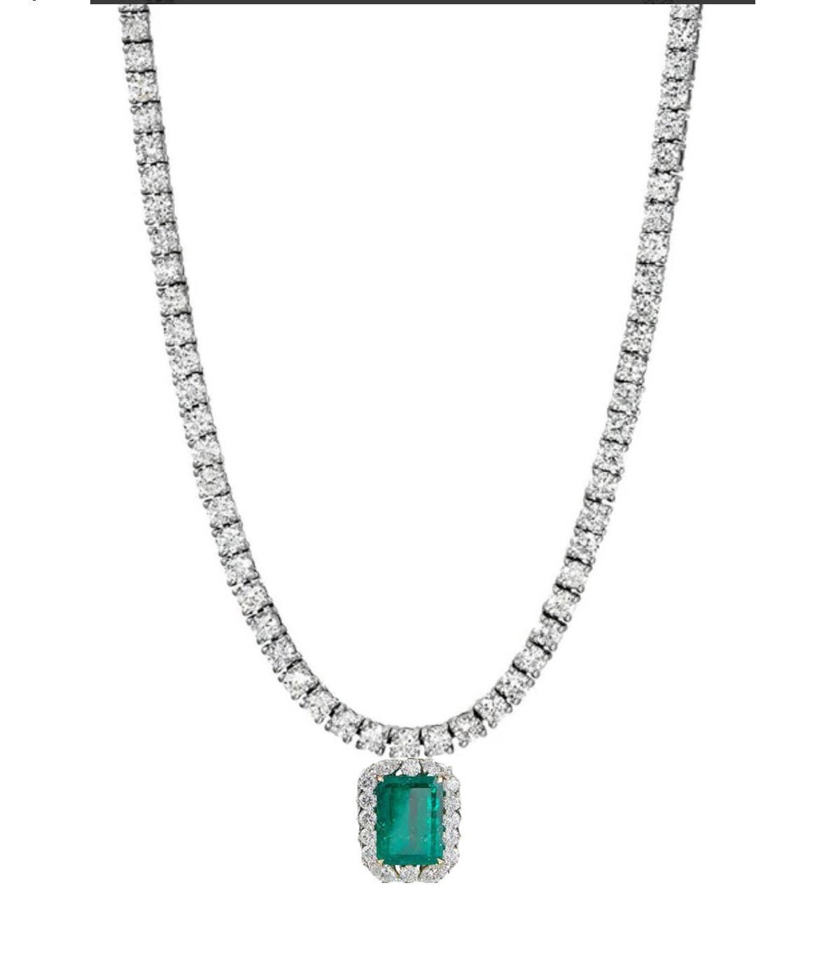 Emerald Cut & Diamond Tennis Necklace Women's 14K White Gold Ove Silver, Wedding Jewelry, Wedding Jewelry For Brides, Gift For Her