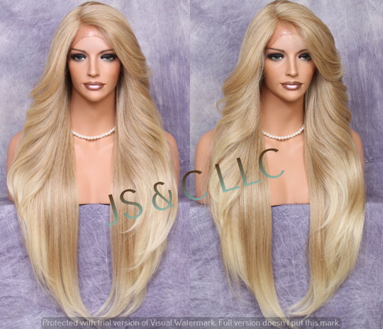 40" Extra Long Human Hair Blend Full Lace Front Wig Romantic Straight & Bangs Blonde Mixed Natural Mono Side Part Heat Safe