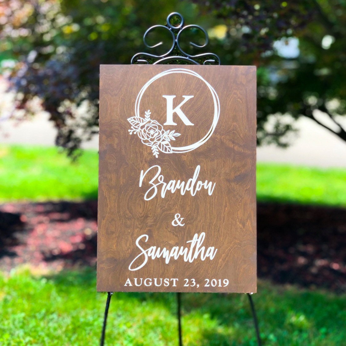 Wedding Welcome Sign, Monogram Name Sign, Custom Wood Flower Wreath