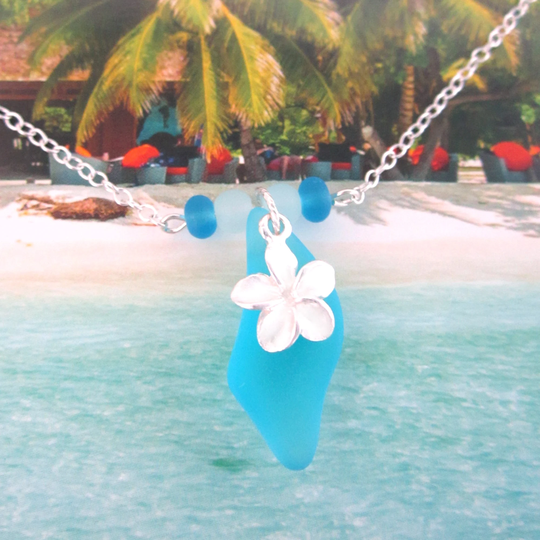 Small Plumeria Flower W/Sea Glass Necklace, .925 Sterling Silver, Blue Sea Backing & Beads, Tropical Look