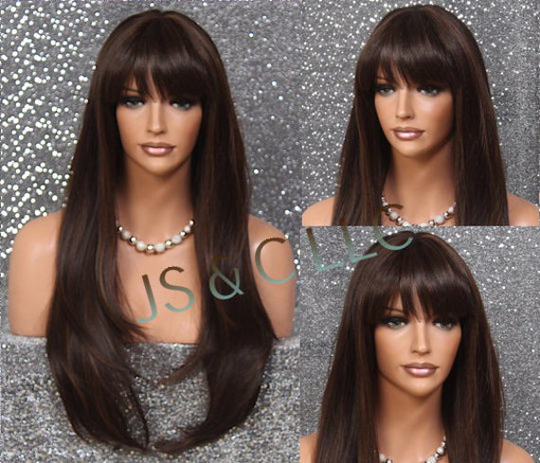 Human Hair Blend Wig Heat Ok Long Layered With Full Bangs Brown & Auburn Mixed Can Be Cut Washed Trimmed Thinned A Perfect Classic Style