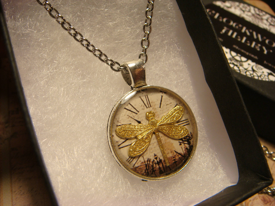Small Dragonfly Over Clock Pendant Necklace | 2451
