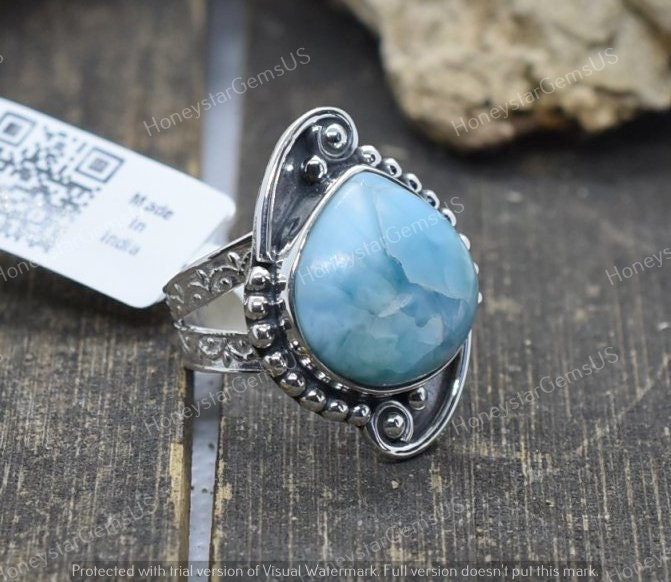 Larimar Ring 6.5 Us Silver | Handmade Ring, Statement Birthstone Cabochon Vintage Anniversary Gift A70