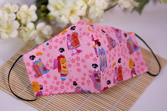 Asian Oriental Maiko Geisha & Cherry Blossoms Face Mask | Pink/Multi-Color 100% Cotton With Filter Pocket Reusable