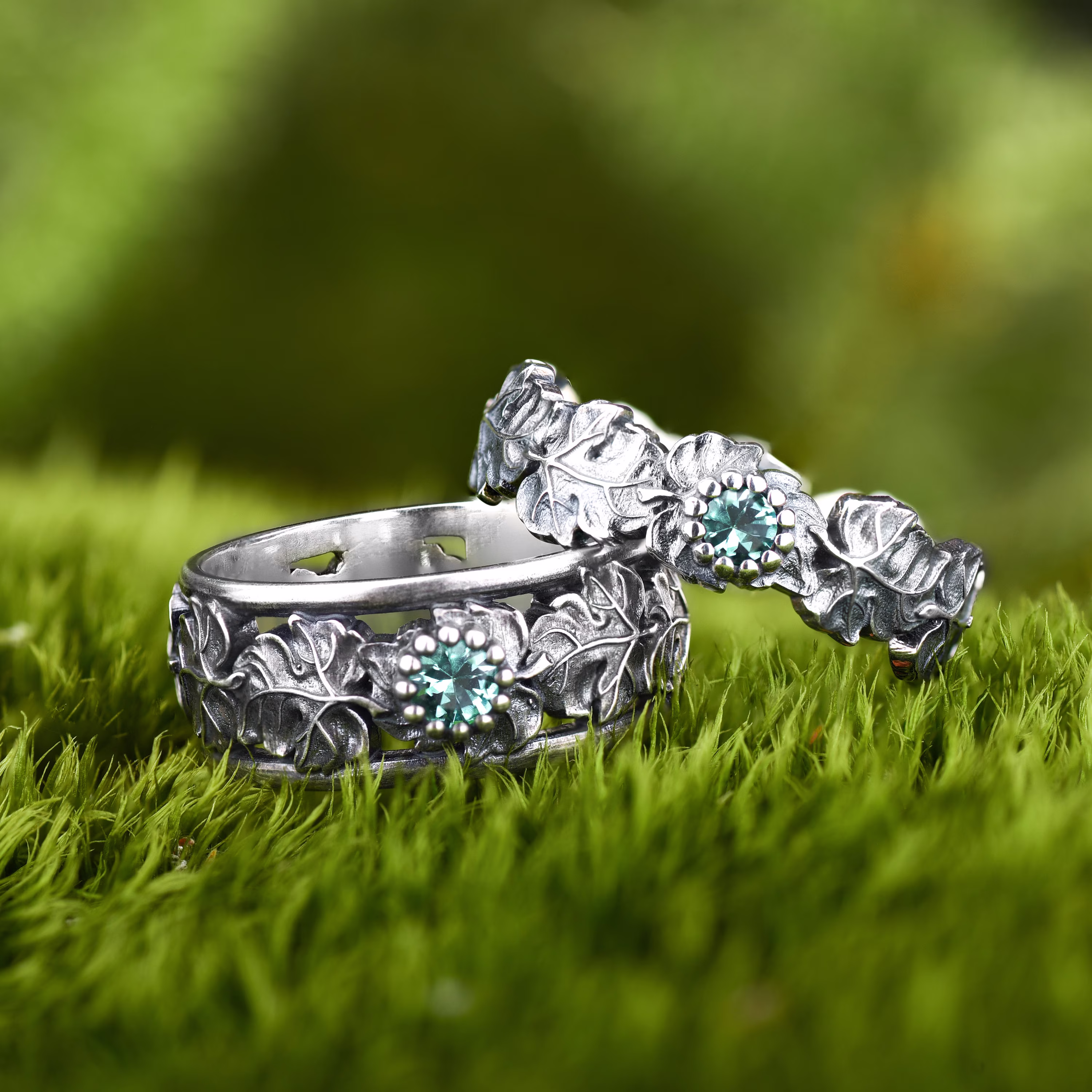 Green Promise Ring Set, Emerald Green Wedding Leaf Rings