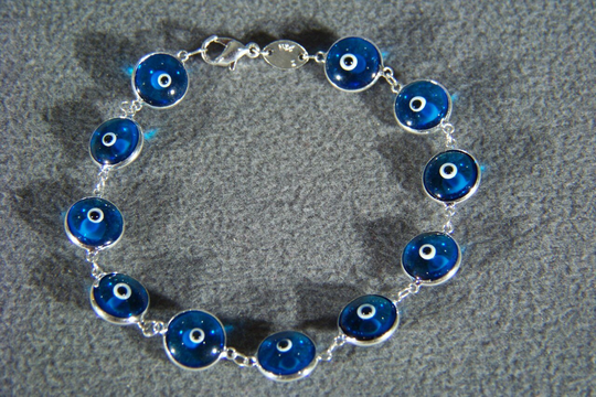 Vintage Sterling Silver Multi Round Glass Cobalt Blue Greek Eye Of God Tennis Bracelet W
