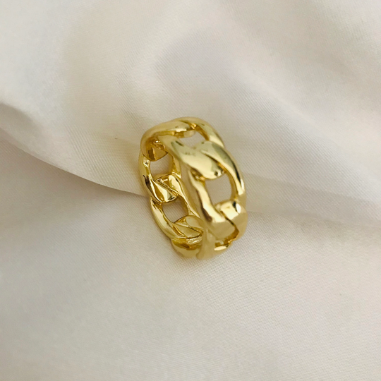 18K Gold Cuban Link, Link Ring, Curb Chunky Thick Chain Statement Ring