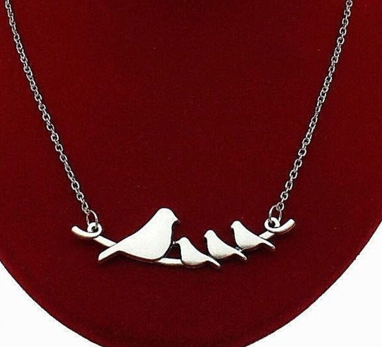 Silver Birds Necklace, Four On Branch Pendant, Bird Jewelry, Mama Baby Birds, Necklace Mother, Mom Gift