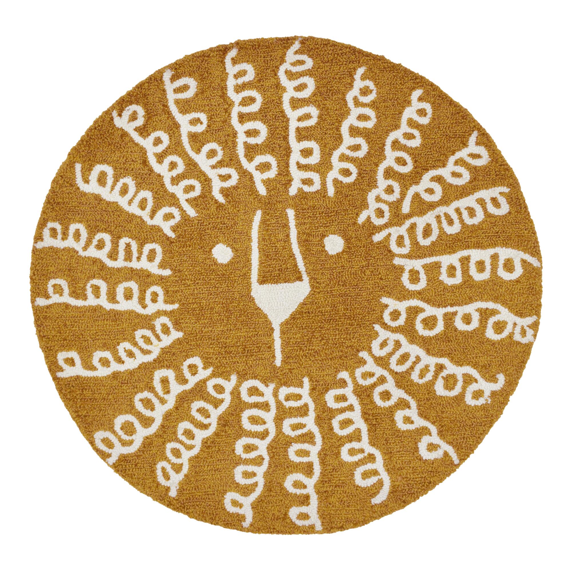 Round Golden Yellow and White Lion Head Area Rug: Brown - Polyester by World Market