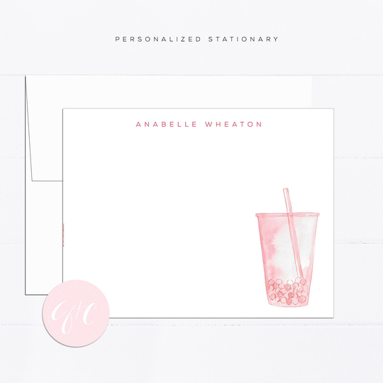 Personalized Stationary, Boba Tea, Girly, Watercolor, Printed Art, Gift For, Feminine, Illustration, Pink, Fun Drinks, Bubble Tea