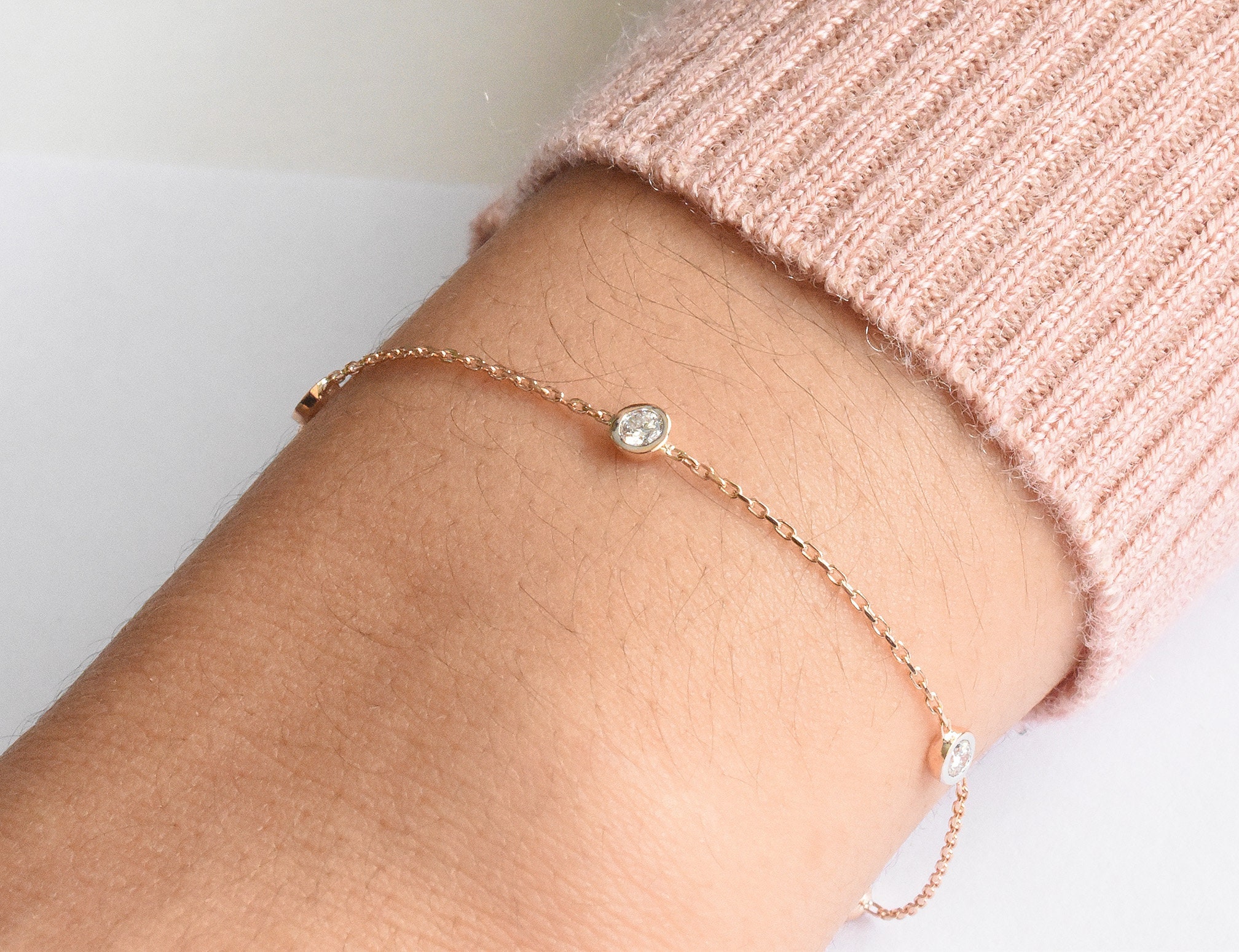 Diamond Solitaire Bracelet/Five Natural Brilliant Cut Bezel Set Diamonds By The Yard