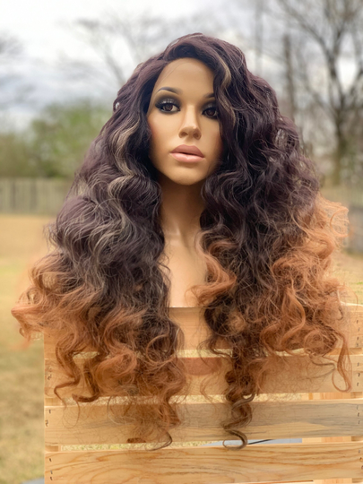 Human Hair Blend Wig 20" Curly Brown Ombre Auburn 13x2" Swiss Lace Front Wig, Hd Free Parting