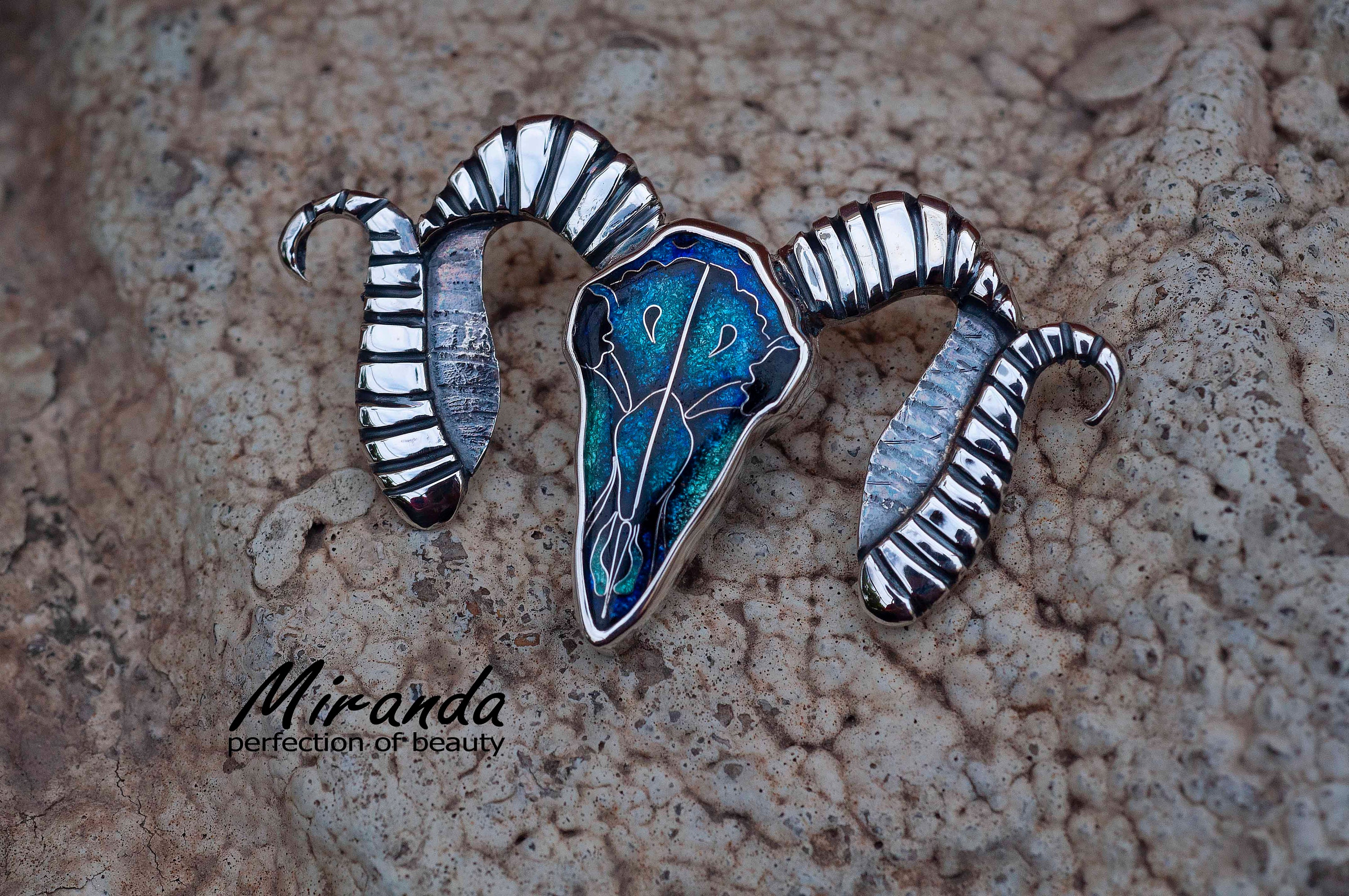 Ram Skull - Georgian Cloisonne Enamel, Exclusive Art Jewelry, Handmade Silver Pendant, Wearable