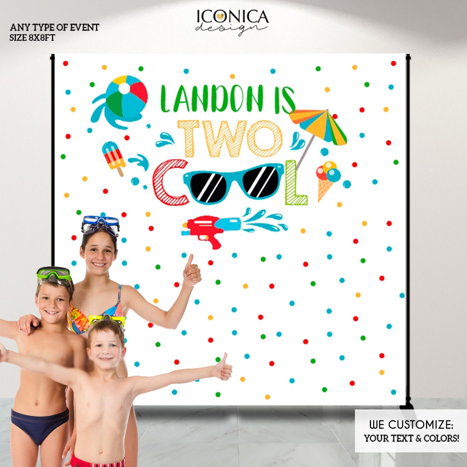 Pool Party, Birthday Photo Booth Backdrop, Two Cool Party Decoration, Personalized Summer Step & Repeat , Swimming Bash, Any Age