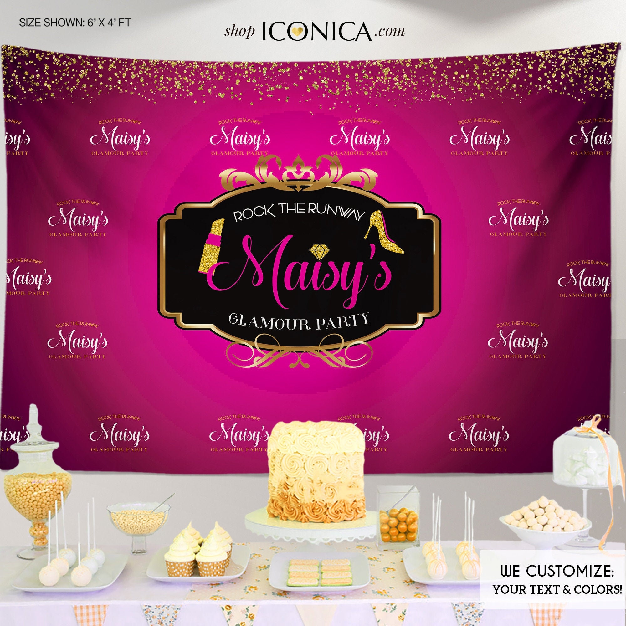 Glamour Party Backdrop Runway Fashion Dessert Table Banner - Any Event Gold Confetti Hot Pink Printed Or Printable File Bbd0045