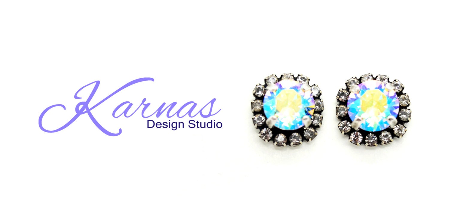 Crystal Ab 8mm Crystal Chaton Halo Stud Earrings Made With Elements Antique Silver Karnas Design Studio Free Shipping
