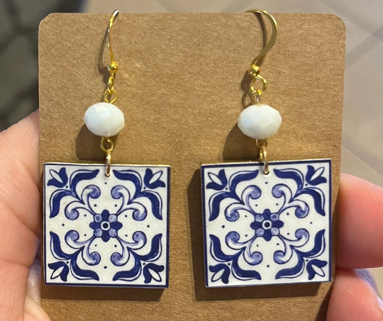 Italian Majolica Tile Wooden Earrings Blue White