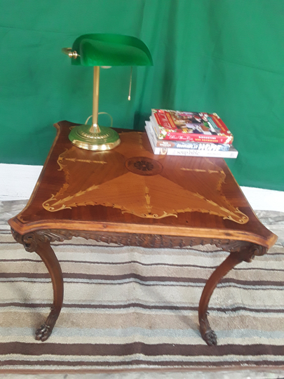 A Magnificent Antique French Louis Xv Rocaille Inlaid Marquetry End/Side/Parlor Table with Intricate Wood Details Ram Head Corners