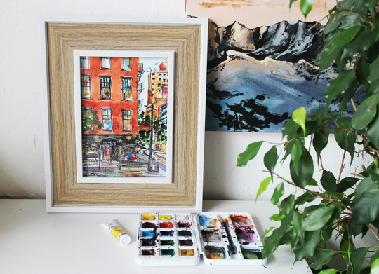 New York City Ny Cafe Pete's Seafood Watercolor Original Painting With Frame Us Cityscape Sketch