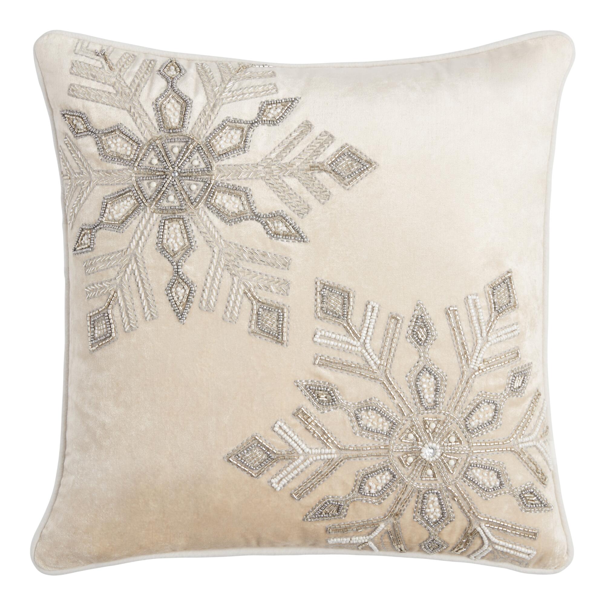 Pier Place Silver Snowflake Beaded Throw Pillow: White/Silver - Cotton - 18" Square by World Market