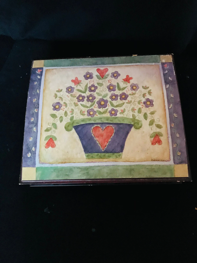 Vintage Wood Jewelry Box Signed By Theresa Kogut Folk Art Design Flowers, Read Description
