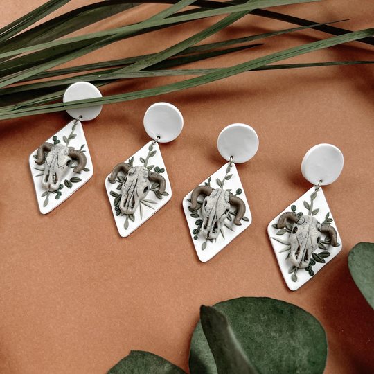 The Zodiac Collection | Aries Ram Skull Handmade Polymer Clay Earrings Nickel Free Hypoallergenic