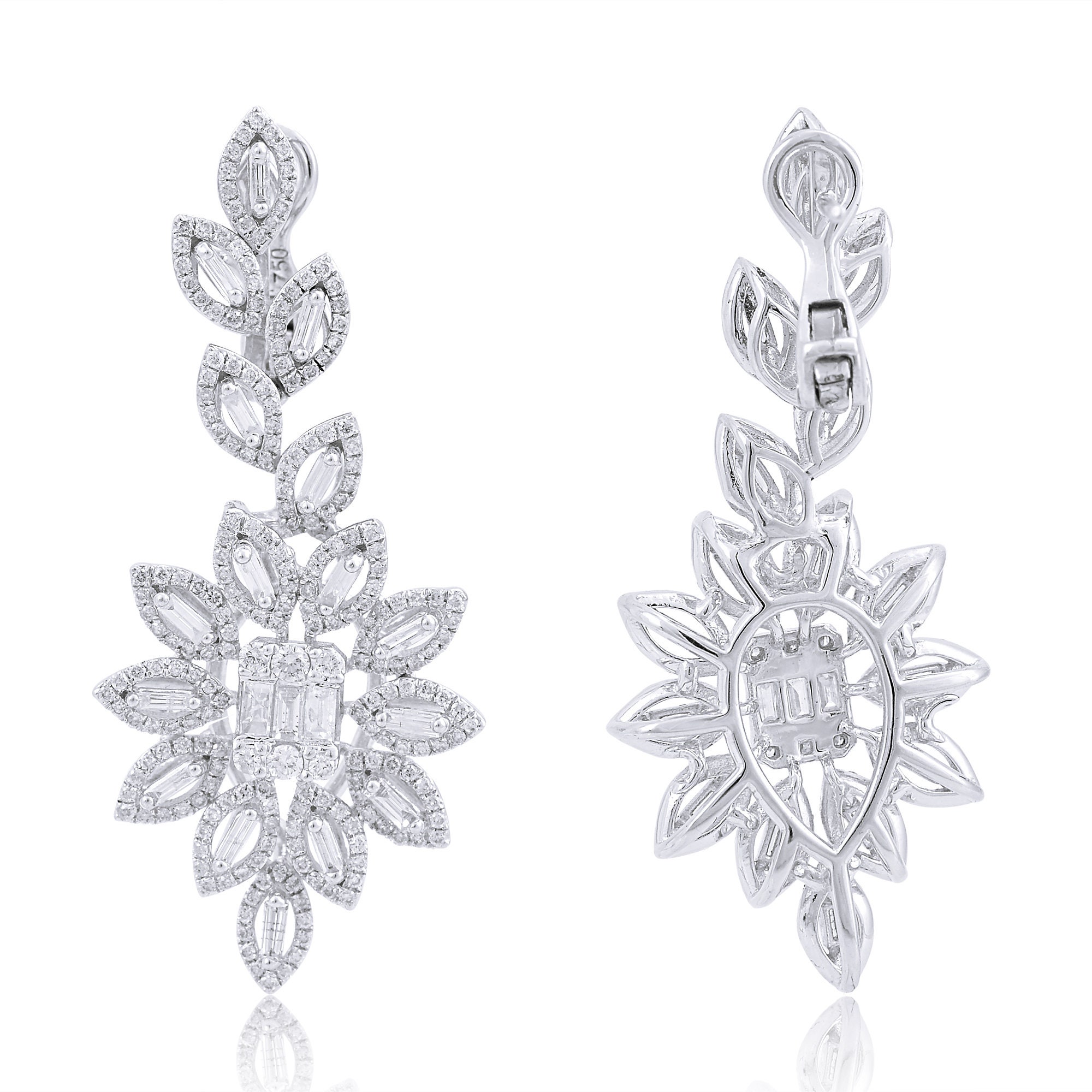 Natural 3 Ct Baguette Diamond Starburst Dangle Drop Earrings Solid 14K White Gold Wedding Handmade Jewelry