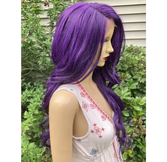 Long Wavy Purple Front Lace Human Hair Blend Daily Wig./Coldplay Party