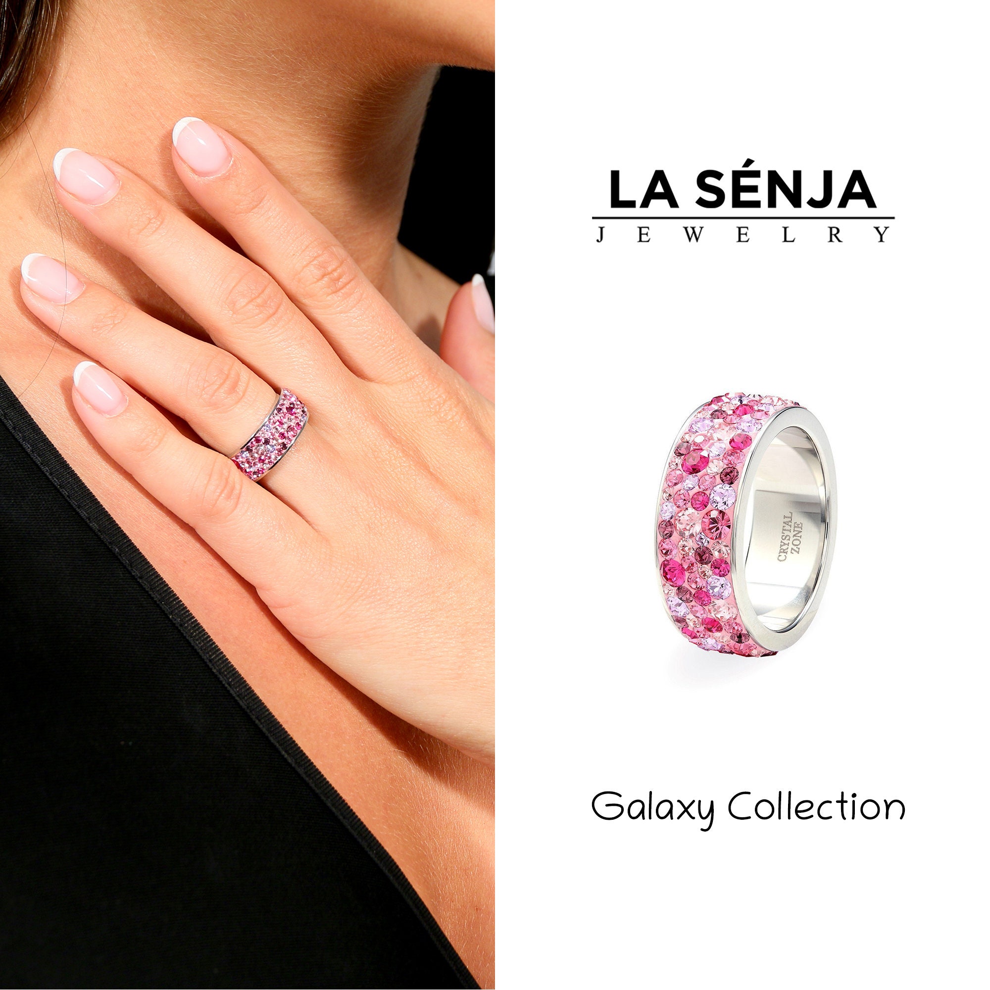Swarovski Pink Ring Sparkly Crystal For Women 316L Stainless Steel Band Handmade Jewelry Set