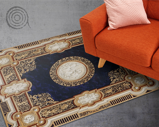 Rug Based Of Book Cover Vinyl Floor Mat, Gold Rug, Beige Linoleum Classical Bath Area Comfort Mat