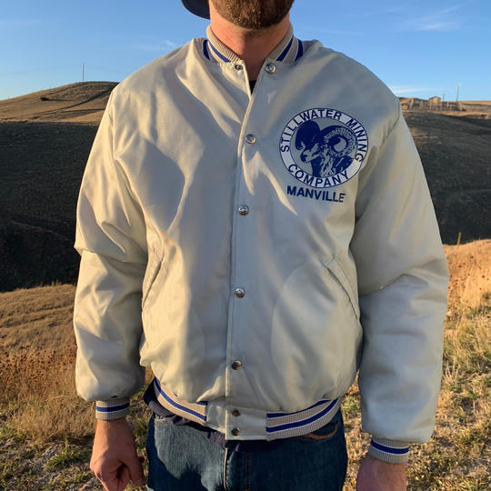 Vintage 80S 90S Gray Blue Birdie Stillwater Mining Full Front Button Letterman Snap Jacket Size Xl