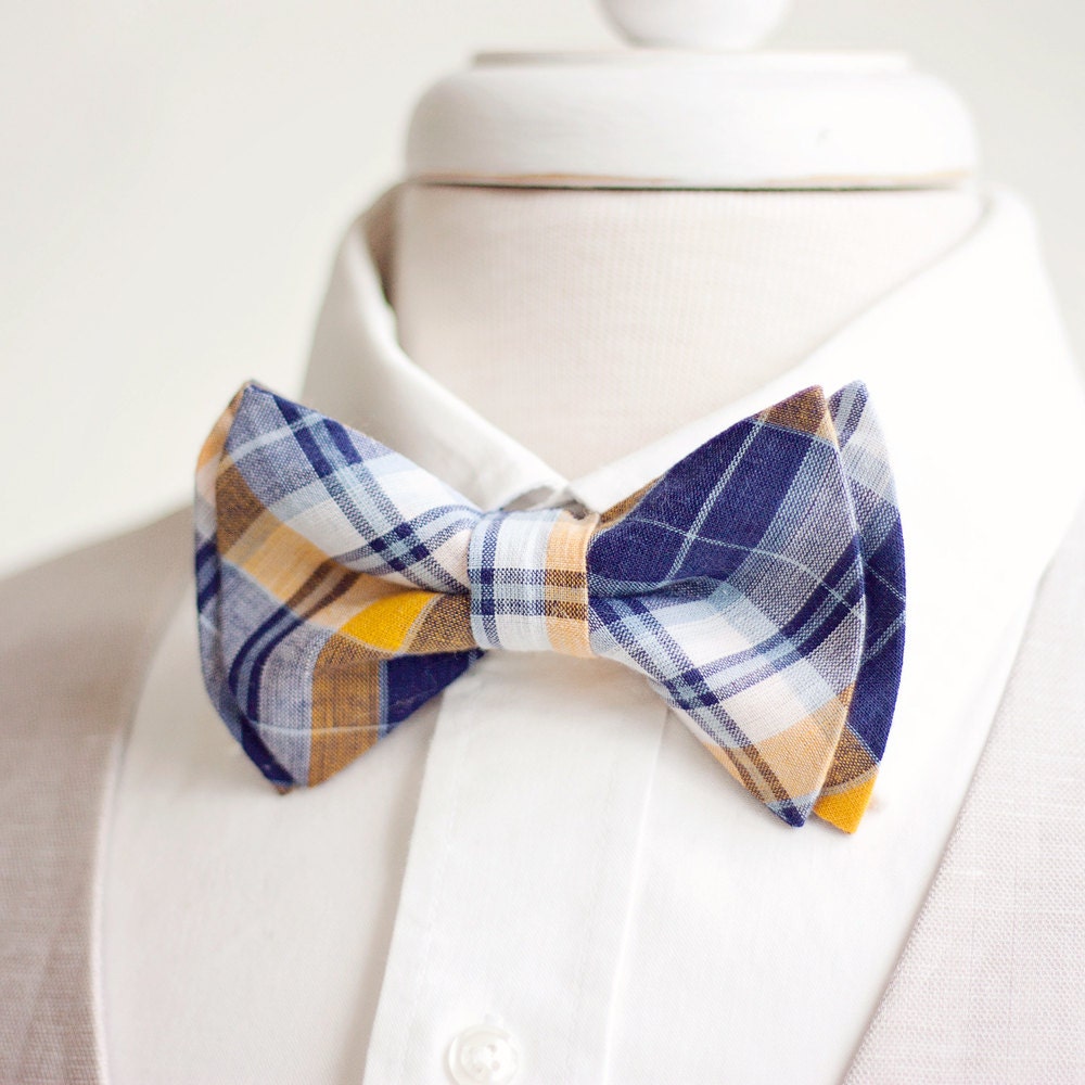 Bow Tie, Mens Bowtie, Bowties, Ties, Groomsmen Wedding Plaid Ties - Navy & Yellow