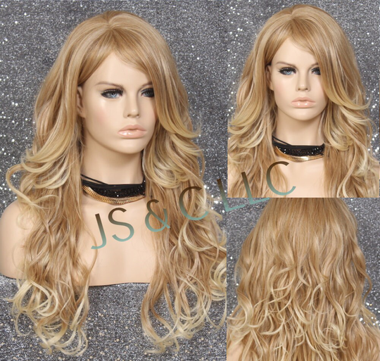 Blonde Mixed Human Hair Blend Full Wig Wavy Long Heat Safe Bangs Layered Cancer/Chemo/Alopecia/Cosplay Emo Anime