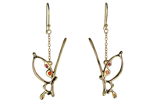 14K Gold Butterfly Earrings, Solid Dangle Long Gemstone Wings With Orange Yellow Sapphire & Ruby