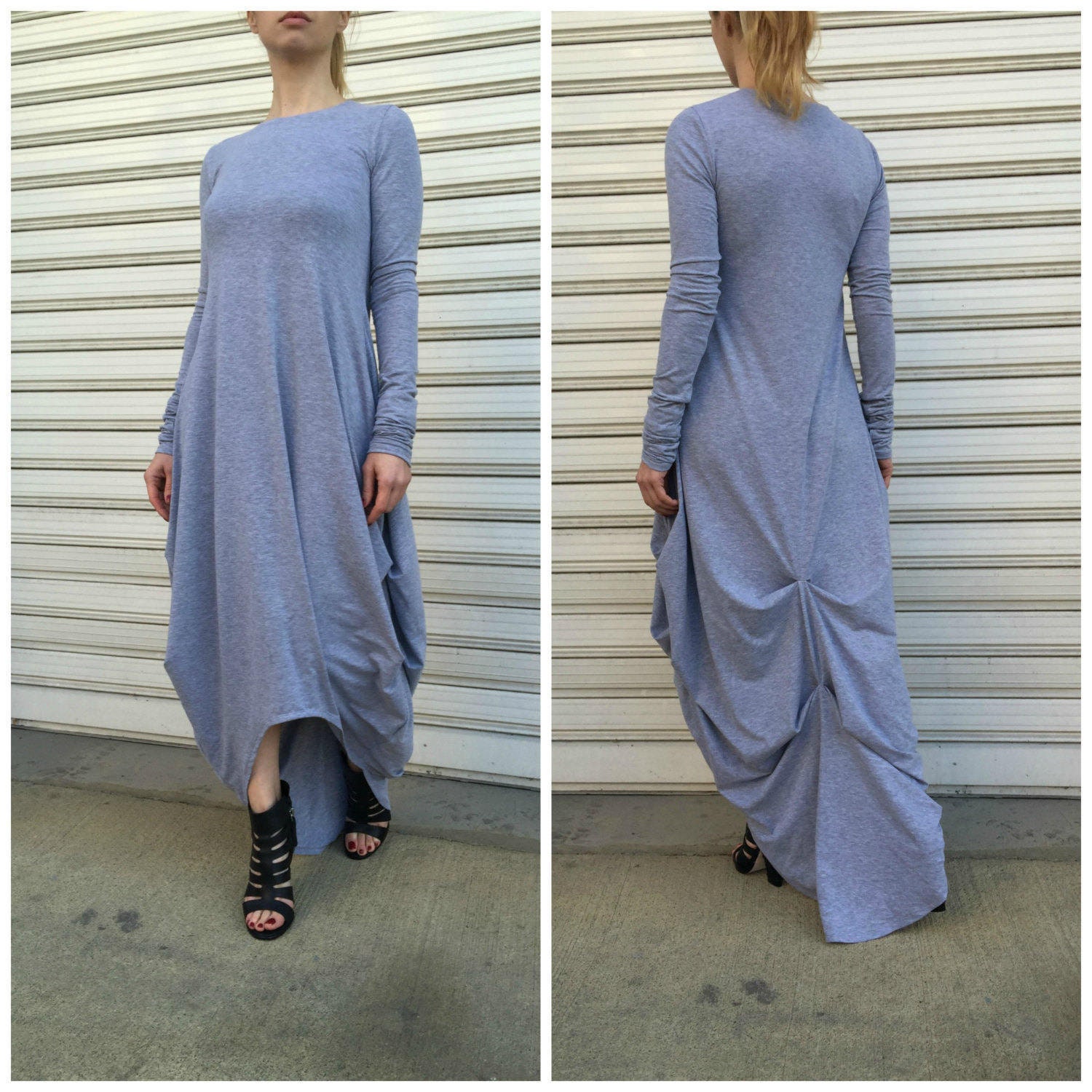 Maxi Women Oversize Grey Dress, Asymmetrical Drape Long Sleeves Caftan, Casual Extravagant Dress