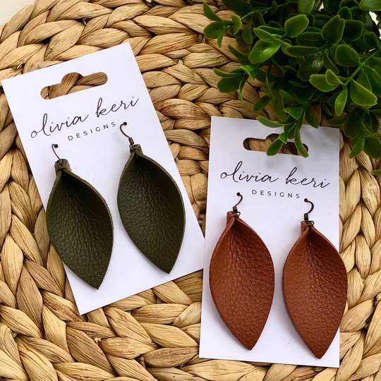 Pinched Earrings, Leather Olive Green, Rust, Lightweight Dangle Brown Leather, Leaf